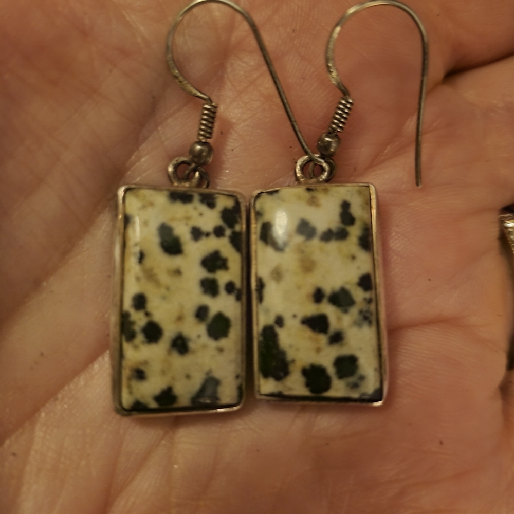 Pair of vintage dalmatian jasper earrings with silver finish